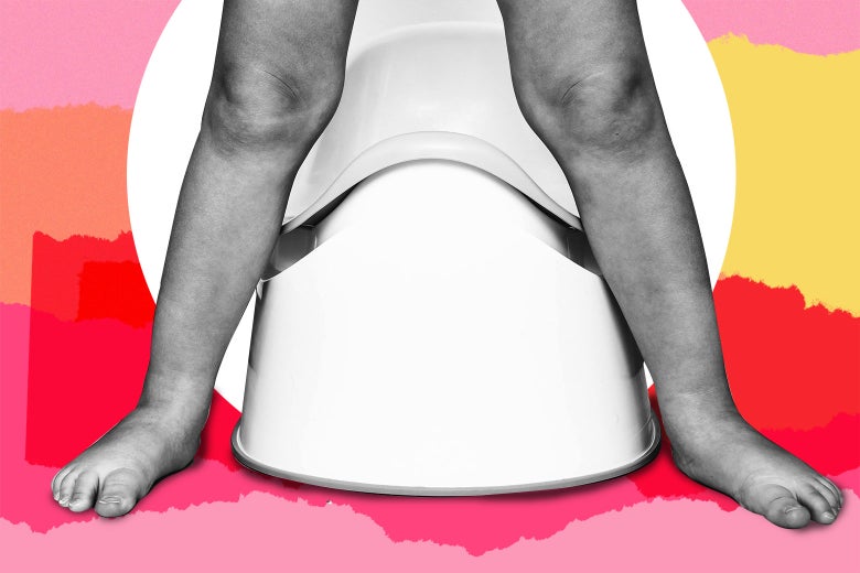 Photo illustration of staggered legs with a training potty between the feet.